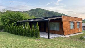 a small wooden cabin with a mountain in the background at Alexandar studio apartman in Mokra Gora