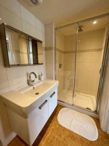 a bathroom with a sink and a shower at The Kingfishers in Christchurch