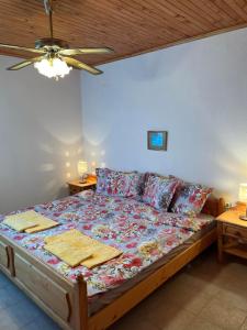 a bed in a bedroom with two night tables at Приятна къща за почивка Караколев 2 in Obrochishte