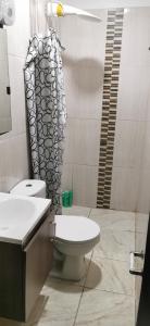メデジンにあるApartamento vacacional en Medellín central privado y tranquiloのトイレと洗面台付きのバスルーム +3枚の写真
