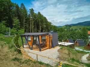 Natura Fina Resort في Ravne na Koroškem: منزل صغير مع سقف أسود على تلة
