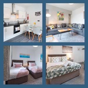 een collage van vier foto's van een woonkamer en keuken bij Spacious Sydney - TV in Every Bedroom! in Swansea