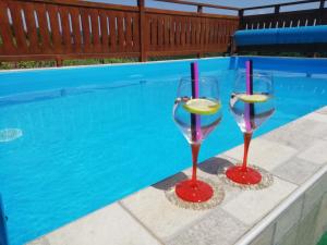 2 bicchieri da vino seduti accanto alla piscina di Apartment Ferenac a Ozalj