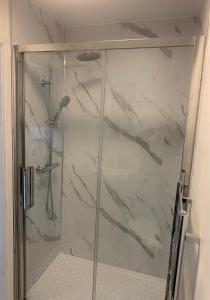 a shower with a glass door in a bathroom at Central Whitby Seaglass studio in Whitby