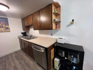 a small kitchen with wooden cabinets and a sink at Rustic Girdwood Condo in Girdwood