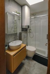 a bathroom with a sink and a toilet and a shower at Studio apartment above promenade w terrace & parking in Rabac +17 photos