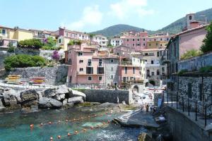 Blick auf eine Stadt mit einem Fluss und Gebäuden in der Unterkunft Bilocale con giardino near Lerici in Trebiano