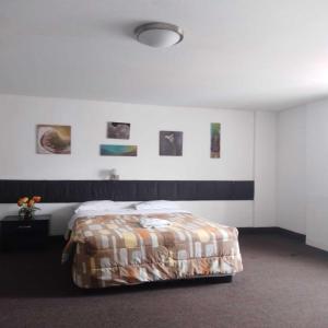 1 dormitorio con 1 cama y algunas fotos en la pared en Hospedaje Oscar's, en Lima