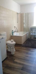 a bathroom with a tub and a toilet and a shower at Luna et Sol - Haus am See großes Apartment in Seehausen +6 photos