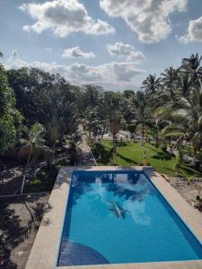 a large blue swimming pool with trees in the background at Hotel HF Hacienda San Francisco in Puente Nacional