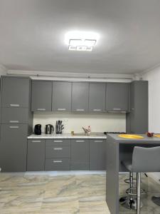 a kitchen with gray cabinets and a table at Complex Rezidential Ana in Caransebeş