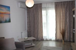 a living room with a couch and a large window at Bluewaves Apartment Mamaia Nord in Mamaia Nord