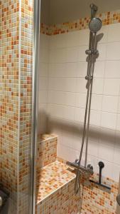 een douche in een badkamer met een tegelwand bij SchickeBude I in Brodersby