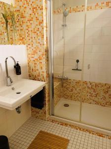 a bathroom with a shower and a sink at SchickeBude I in Brodersby