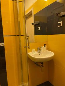 W łazience znajduje się umywalka i prysznic. w obiekcie Apartamenty Centrum w mieście Olkusz