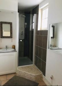 La salle de bains est pourvue d'une douche et d'un lavabo. dans l'établissement Duplex de charme 70m2 proche de Honfleur, à Fiquefleur-Équainville