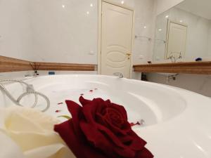a red rose sitting in a tub in a bathroom at B&B Estea Tropea in Tropea