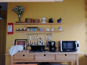 einen Schreibtisch mit einer Mikrowelle und einem TV in der Unterkunft Arruda´s House in Ponta Delgada