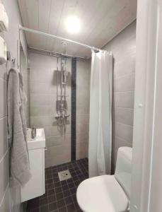 a bathroom with a toilet and a sink and a shower at Upea moderni pieni yksiö rauhallisella sijainnilla - itsepalvelukirjautuminen - SELF CHECK-IN in Vaasa