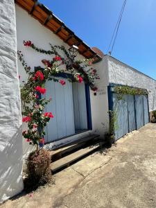 un edificio blanco con una puerta con flores. en Pouso do Rio en Pirenópolis