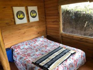 ein Schlafzimmer mit einem Bett in einem Blockhaus in der Unterkunft Brisas del Paraná, casas de campo, Cafe, Spa & Río in San Pedro