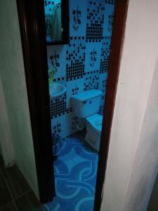 a bathroom with a toilet and a blue and white tiles at APARTA- Refugio El Retiro verde in Leticia