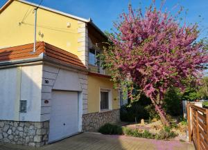 een geel huis met een garage en een boom bij Ginger House Apartment in Keszthely