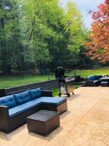 un patio con sofá azul y parrilla en Catskills Cottage By The Lake, Sullivan County en Rock Hill