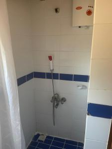 a bathroom with a shower with blue tiles at Olympos Route 66 Pansiyon in Olympos +21 photos