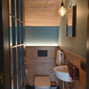 a bathroom with a sink and a toilet at Casa con jardín Sallent in Sallent de Gállego