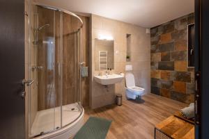 a bathroom with a shower and a sink and a toilet at Apartment MOUNTAIN PEARL Golte in Mozirje