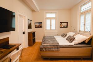 a bedroom with a bed and a flat screen tv at Ferienwohnungen an der Salvatorkirche - zentrales Apartmenthaus mit Terrasse in Coburg