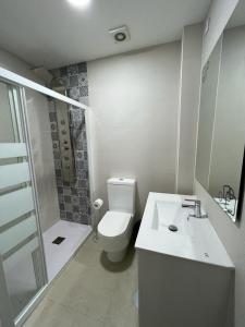 La salle de bains est pourvue de toilettes, d'un lavabo et d'une douche. dans l'établissement HOSPEDAJE CORREDOR DE HENARES, à Torrejón de Ardoz