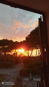una puesta de sol vista a través de una ventana con árboles en Appartamento Marina, en Portoferraio