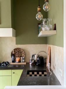 - une cuisine avec des murs verts et un évier dans l'établissement Huisje Harderwijk, à Harderwijk