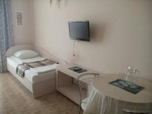 チョロノモスクにあるHotel Aquariusのベッド1台、壁掛けテレビが備わる小さな客室です。