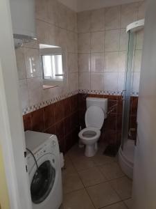 a bathroom with a toilet and a washing machine at Apartman Lucija in Murter