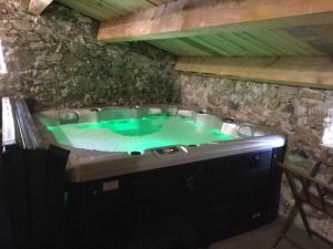 a bath tub with green water in a stone room at La Ferme de Beauregard SPA -LANARCE 07660 - jacuzzi et sauna in Lanarce