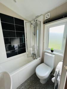uma casa de banho com um WC, um chuveiro e uma janela. em The Braunston Lodge with Hot Tub em York