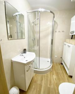 y baño con ducha y lavamanos. en MARCO Apartment 8, en Giżycko