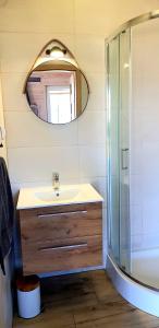 a bathroom with a sink and a shower and a mirror at Domki Apartamentowe Rozgwiazdy 20 in Jarosławiec