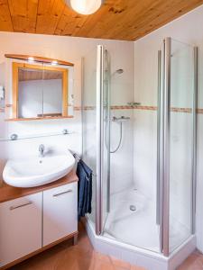 a bathroom with a shower and a sink at Ferienwohnung Brunnäcker in Bad Hindelang +25 photos