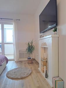 a living room with a fireplace and a flat screen tv at Apartman Karmen in Vodice
