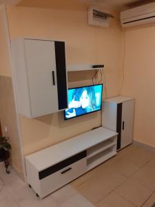 a living room with a tv on a wall at Apartman Sanjković in Rovinjsko Selo