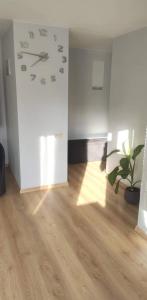 ein Zimmer mit einer Uhr an der Wand und einer Pflanze in der Unterkunft Butas miesto centre/ Apartment in the city center in Šiauliai
