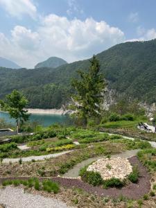 un jardín con vistas al lago y a las montañas en Albergo Wellness Da Febo, en Tramonti di Sotto