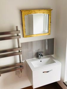 a bathroom with a white sink and a mirror at Mount Cottage in Newcastle Emlyn