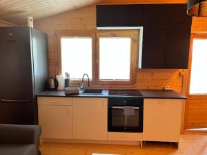 a kitchen with a stove and a sink and two windows at Black Horse in Pasłęk