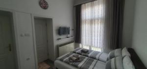 1 dormitorio con 1 cama y ventana con reloj en Ferhadija A&E Apartment Sarajevo, en Sarajevo