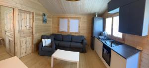 a small living room with a couch and a kitchen at Black Horse in Pasłęk